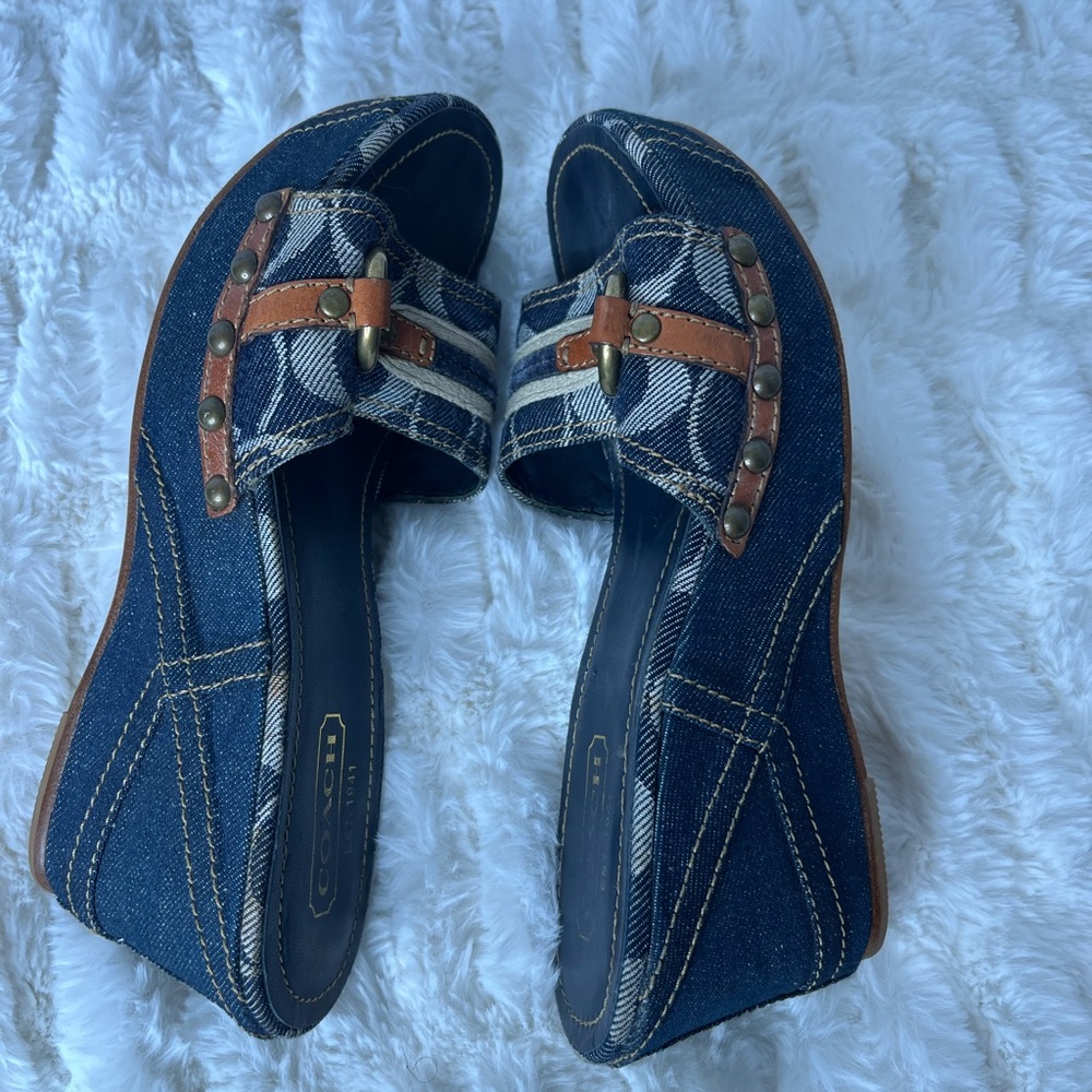 Coach Blue and Brown Wedge Sandals with Elegant Buckle - Picture 5 of 8